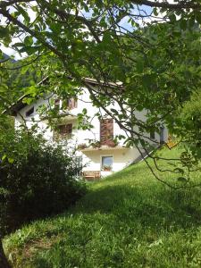 a white building with windows in a field of grass at Apartment Zadraga in Tolmin