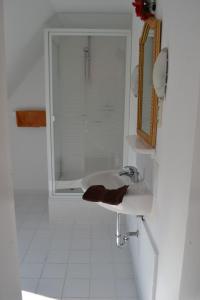 a white bathroom with a shower and a sink at Immensee App F in Ehst