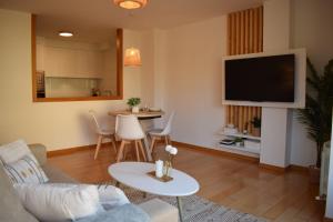 a living room with a couch and a tv at A Xanela de Balneario in Mondariz-Balneario