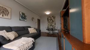 uma sala de estar com um sofá e uma televisão em Maravillosa ubicación junto al mar con garaje em Getxo