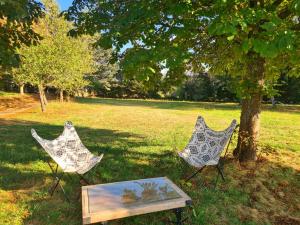 two chairs and a table next to a tree at Jade room in Saint-Romain-Lachalm