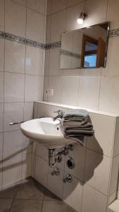 een badkamer met een wastafel en een spiegel bij Ferienwohnung Greif in Ofterschwang