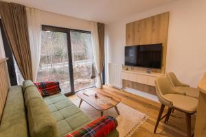 a living room with a couch and a television at Aparthotel Phoenix in Bjelašnica