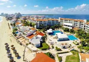 an aerial view of a resort near the beach at Cancun Studio overlooking the Lagoon in Cancún