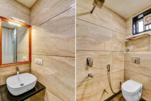 two pictures of a bathroom with a toilet and a shower at FabHotel Manjeet in Bhopal