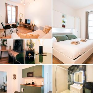 a collage of photos of a bedroom and a living room at Le Laurencin Sens - Le Campagne in Sens