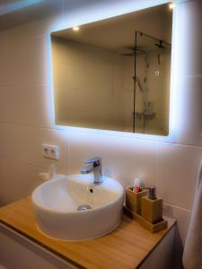 uma casa de banho com um lavatório e um espelho num balcão em Casa Viva - Separate, ruhig gelegene Wohnung em Quierschied