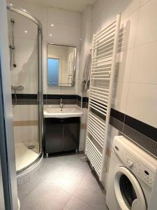 a bathroom with a sink and a washing machine at Bohemian Apartments near the Center in Prague