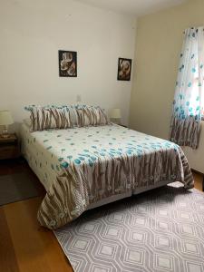 1 dormitorio con cama y alfombra en apartamento águas de lindoia itaigara en Águas de Lindóia