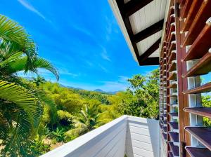 uma vista a partir da varanda de uma casa com uma palmeira em Gîtes KUMQUAT em Petit-Bourg