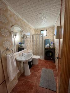 een badkamer met een wastafel, een toilet en een spiegel bij VillaNord in Cheste