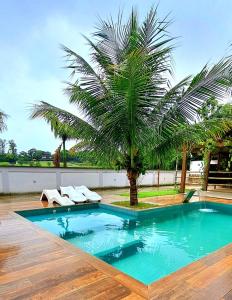 uma piscina com cadeiras e uma palmeira em Casa com piscina e muita tranquilidade no Rio de Janeiro