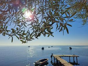 Blick auf einen See mit einem Dock und einem Boot in der Unterkunft Dimitra's home in Thessaloniki