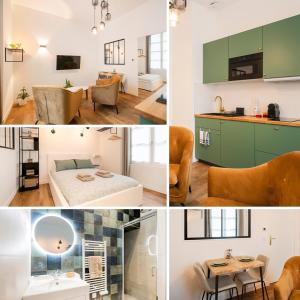 een collage van foto's van een keuken en een woonkamer bij Le Laurencin Sens - Le Keys in Sens