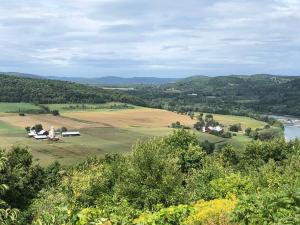 a view of a field with trees and a lake at The Cast Iron Lady in Wyalusing