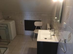 La petite salle de bains est pourvue d'un lavabo et de toilettes. dans l'établissement Gite du Château, à Guémar