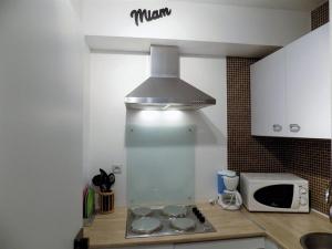 kuchnia z kuchenką mikrofalową i kuchenką górny piekarnik w obiekcie Saint Georges de Didonne - APPARTEMENT proche PLAGE et CENTRE-VILLE w mieście Saint-Georges-de-Didonne +22 zdjęcia