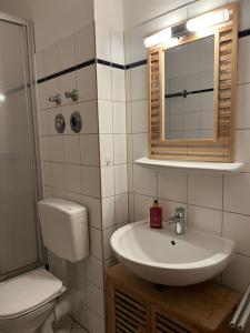 een badkamer met een wastafel, een toilet en een spiegel bij BELIEBT: Zentrales & ruhiges Innenstadtapartment in Halle an der Saale
