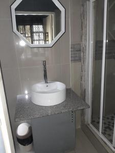 a bathroom with a sink and a mirror at Manor Family in Durban