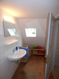 a small bathroom with a sink and a mirror at Wasserkoog 22 in Tetenbüll