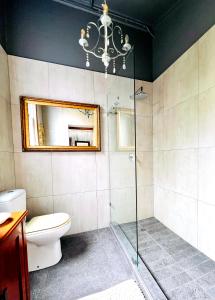 een badkamer met een toilet, een spiegel en een kroonluchter bij Terebinte Bed & Breakfast in Durban