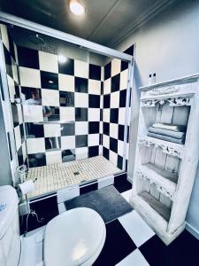 a bathroom with a black and white checkered wall at Terebinte Bed & Breakfast in Durban