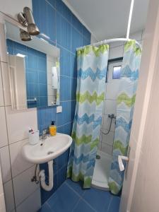a blue bathroom with a sink and a shower at Apartment Čolović in Raška