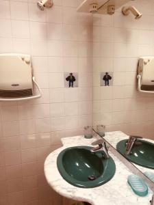 a bathroom with a green sink and a mirror at Maisonnette studio centre de St JeanPied de port in Saint-Jean-Pied-de-Port