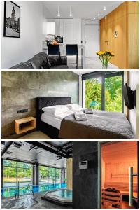 2 immagini di una camera con letto e bagno di Apartamenty Premium NJ Lublin Centrum Basen & SPA a Lublino