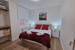 una camera da letto con un grande letto con cuscini rossi di Apartamento Aires de Tineo a Oviedo