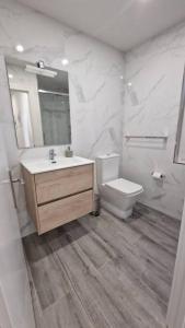 La salle de bains est pourvue d'un lavabo, de toilettes et d'un miroir. dans l'établissement Apartamento Aires de Tineo, à Oviedo