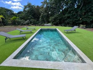 une piscine avec deux bancs et une pelouse dans l'établissement Chambre Birloton, à Lamentin