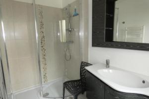 ein Bad mit einer Dusche, einem Waschbecken und einem Spiegel in der Unterkunft Les Galets bleus in Le Crotoy