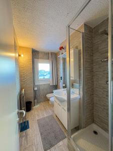 a bathroom with a shower and a toilet and a sink at Appartamento Biancaneve in Passo del Tonale