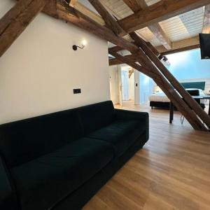 a black couch sitting in a living room at Hopfenhotel am Adenauerufer in Bamberg +122 photos