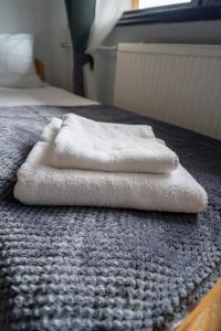 two towels are sitting on top of a bed at VacationClub - Ski Lodge Szczyrk Pokój 5 in Szczyrk