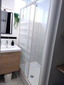 y baño con ducha y puerta de cristal. en Les Gîtes d'Angres - Gîte n°3 en Angres