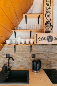 a kitchen with a sink and some cups on shelves at Highlander by LoftAffair in Kościelisko