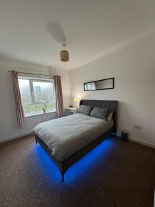 ein Schlafzimmer mit einem großen Bett mit blauem Licht in der Unterkunft Spacious Apartment with Balcony in Leicester