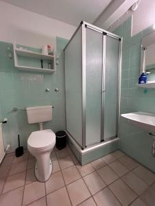 W łazience znajduje się toaleta, prysznic i umywalka. w obiekcie Appartement 413 Kunners Oostenrijk w mieście Mittelberg