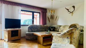 ein Wohnzimmer mit einem Sofa und einem TV in der Unterkunft Ferienwohnung Ruttner in Rastatt