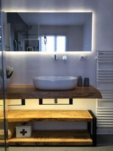 een badkamer met een wastafel en een grote spiegel bij Art Apartments in Florence
