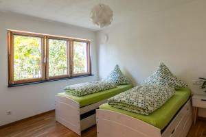 a room with two beds and two windows at Ferienwohnung s'Kammerl in Wolfegg