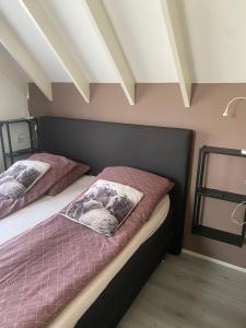 two beds in a bedroom with pink sheets and pillows at Bed en Bike Texel in Den Burg