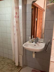 a bathroom with a sink and a mirror at Tuja Vendégház in Lajoskomárom