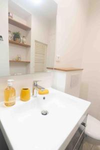 Un baño blanco con lavabo y espejo. en Le Parisien-Clichy-2 pièces Zen, en Clichy 13 fotos más