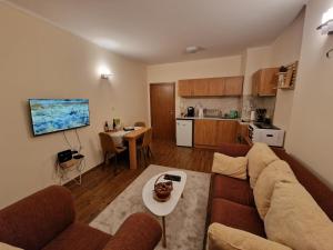 a living room with a couch and a table at Naturaleza Boutique Apartment in Bansko