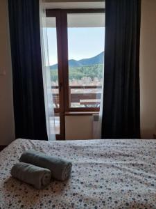 1 cama con 2 toallas y ventana en Naturaleza Boutique Apartment en Bansko