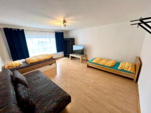 ein Wohnzimmer mit 2 Betten und einem Sofa in der Unterkunft Private Wohnung in Leoben