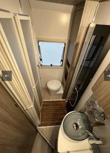 a small bathroom with a toilet and a sink at Zebra motorhome hire in Ravensworth